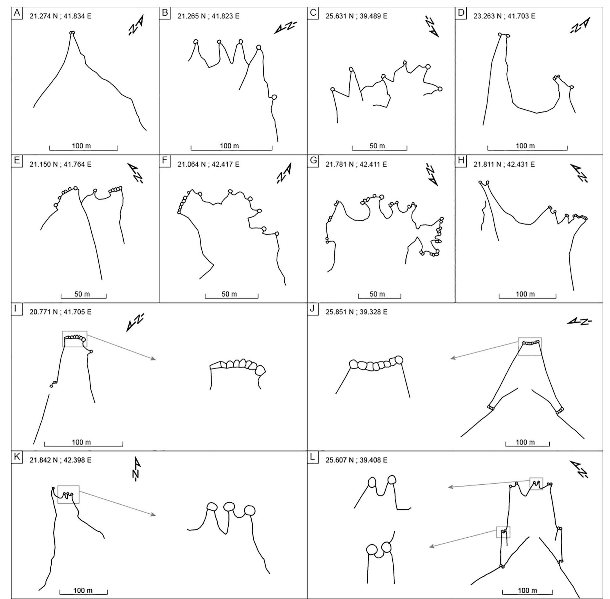 Fig. 6. Morphological variability of Arabian open kites (A to H); Comparison of contiguous pit-traps (I and J) and pit-traps with micro-points (K and L) between Arabian open kites and desert kites stricto sensu. 