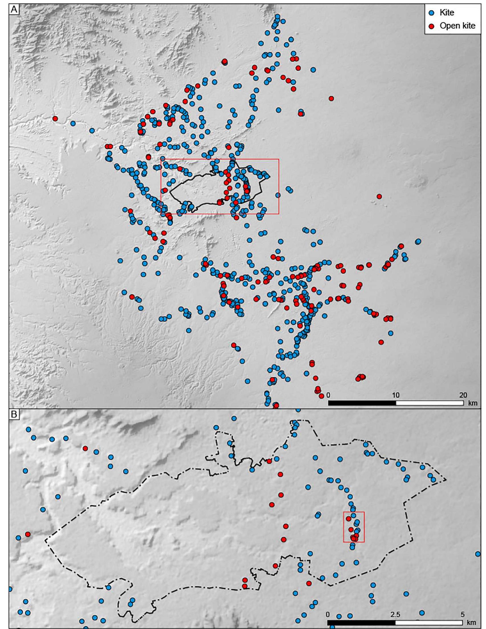 Fig. 11. Overall map of the Khaybar Longue Durée Archaeological Project research area around the Khaybar oasis, and location of identified desert kites strictly speaking and open kites. The window in red (B) locates the study zone, enlarged in Fig. 16. 