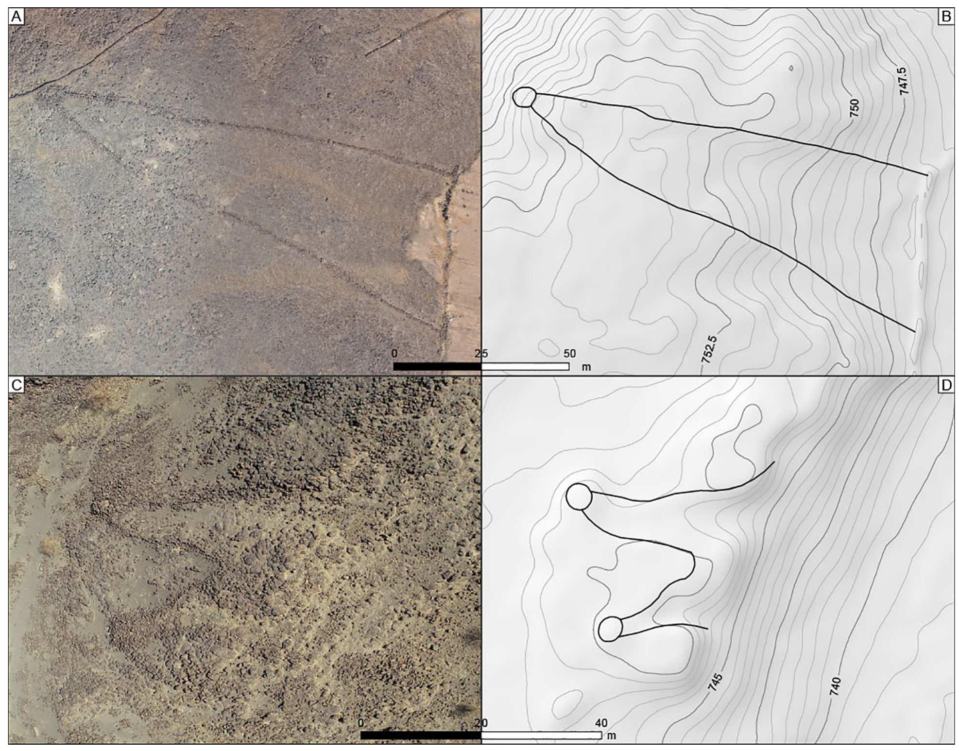Fig. 13. Aerial pictures of Khaybar simple open kites. A: V-shaped open kites (O-AB831 is approximately 130 m in length), driving line extremities were destroyed by bulldozer activities; B: W-shaped open kites (O-AB821 is approximately 22 m in length and 25 m in width). Photo credits: KLDAP. 