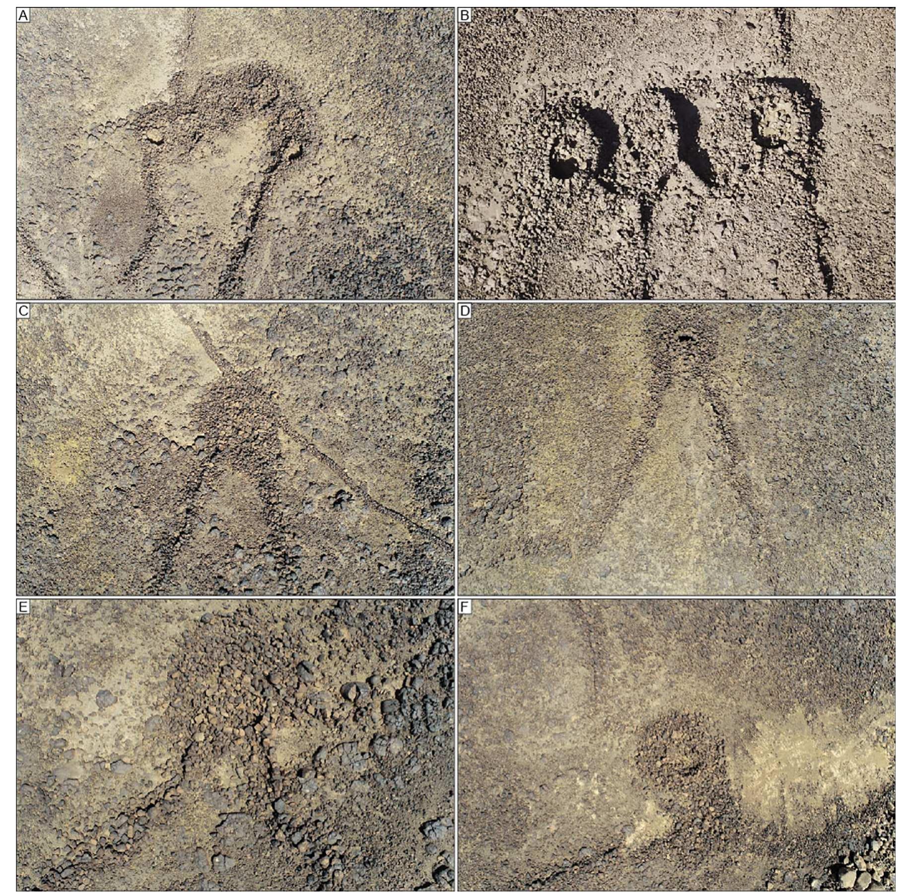 Fig. 15. Pit-traps from Khaybar. A: set of six agglomerated and conjoined pit-traps at O-AB829 open kite, with different states of erosion and collapse; B: three pit- traps from AB40 desert kite strictly speaking, the preserved elevation of pit-trap walls is about 1.5 m above the present-day ground level; C: single pit-trap from O- AB831 V-shaped open kite, the wall running across the picture is modern; D: single pit-trap from O-AB820, heavily eroded and collapsed; E-F: pit-traps from O-AB834 open kite with remains of clear inner wall delimitations. Photo credits: KLDAP. 