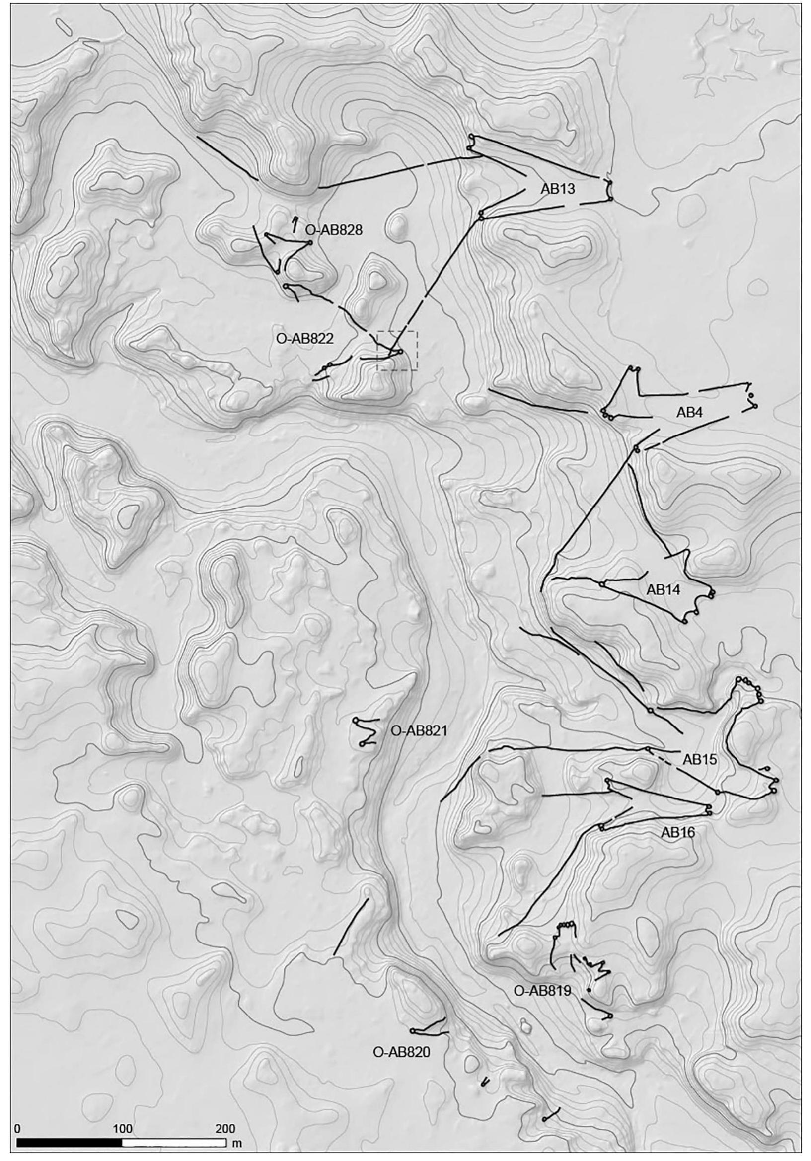 Fig. 16. Eastern case study zone; the rectangle illustrates where kite AB13 covers the open kite O-AB822. 