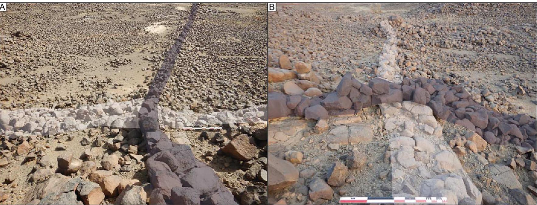 Fig. 17. Relative chronology: the driving line from the AB13 kite (in dark colour) overlaps the driving line of the O-AB822 V-shaped open kite (in light colour). A view from the southwest; B: view from the southeast. Photo credits: KLDAP. 
