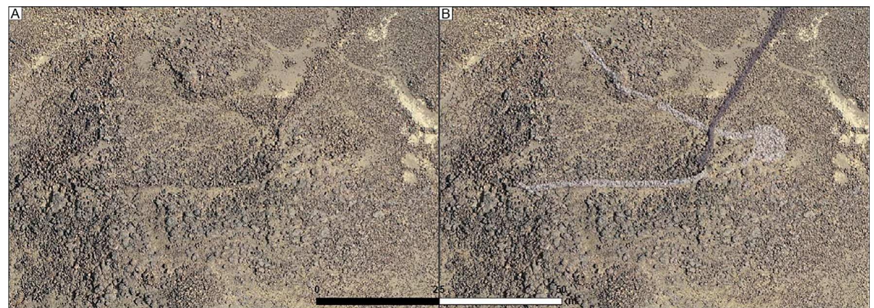 Fig. 18. Orthophotograph of the superimposition of AB13 kite on O-AB822 open kite. A: raw image; B: interpreted image with AB13 kite (in dark colour) overlapping the driving line of the O-AB822 V-shaped open kite (in light colour). Photo credits: KLDAP. 