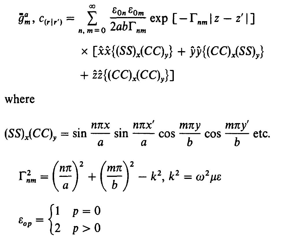 It is worth noting here that each dyad of g,, is a solution of a scalar Helmholtz equation for which the ‘complete- ness’ is well known. However, caution must be exercised in using eqn. 12 in eqns. 9 and 10 and the various inte- grations and differentiations must be carried out in the sense of distribution theory. 