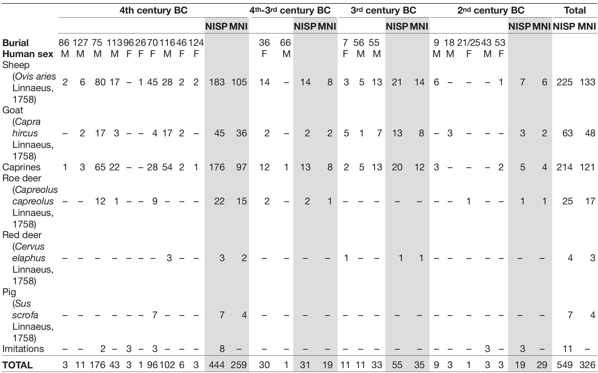 TABLE 2. — Number of identified specimens (NISP) and minimum number of individuals (MNI) obtained from knuckle bones/astragali and imitations. Burials with chronological data. 