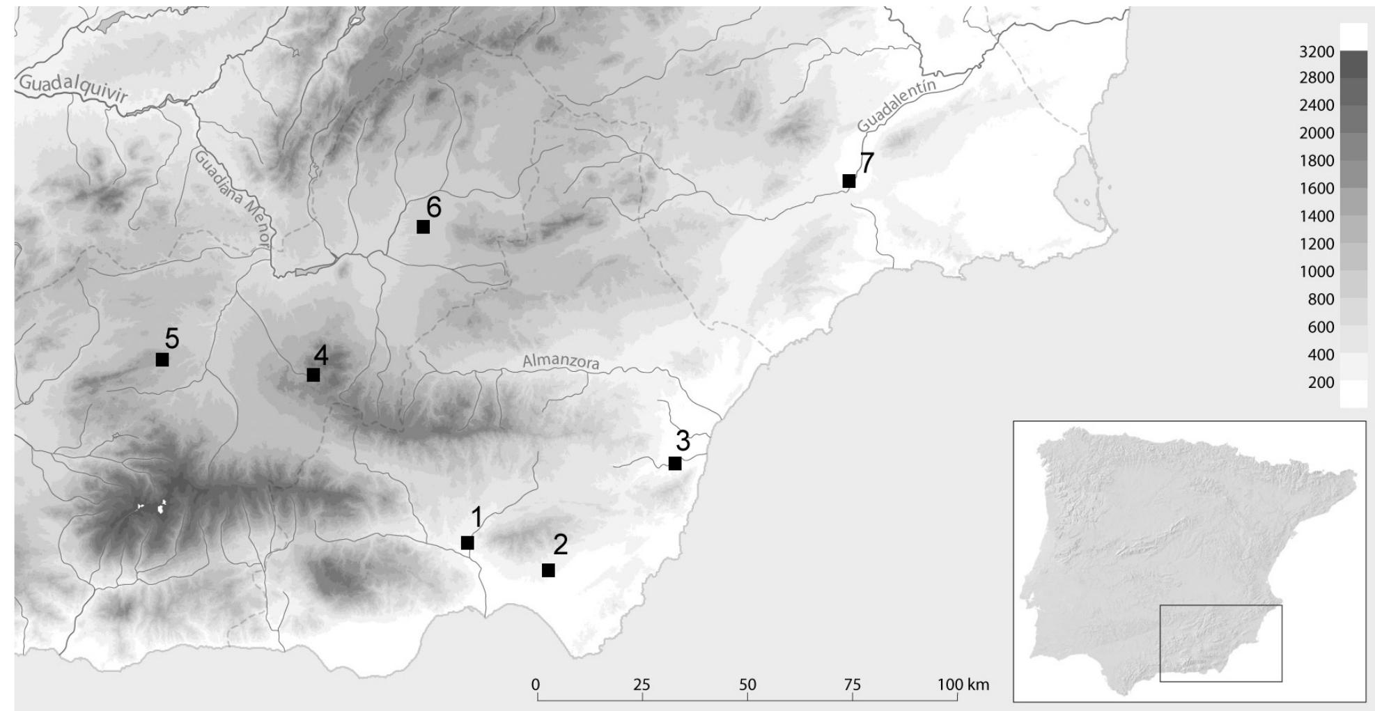 Fig. 1. Map showing the main sites mentioned in the text. 1. Los Millares; 2. Barranquete; 3. Gatas; 4. Cuesta del Negro; 5. Panoria; 6. Cerro de la Virgen; 7. La Bastida (modified after Aranda Jiménez et al. 2015). 
