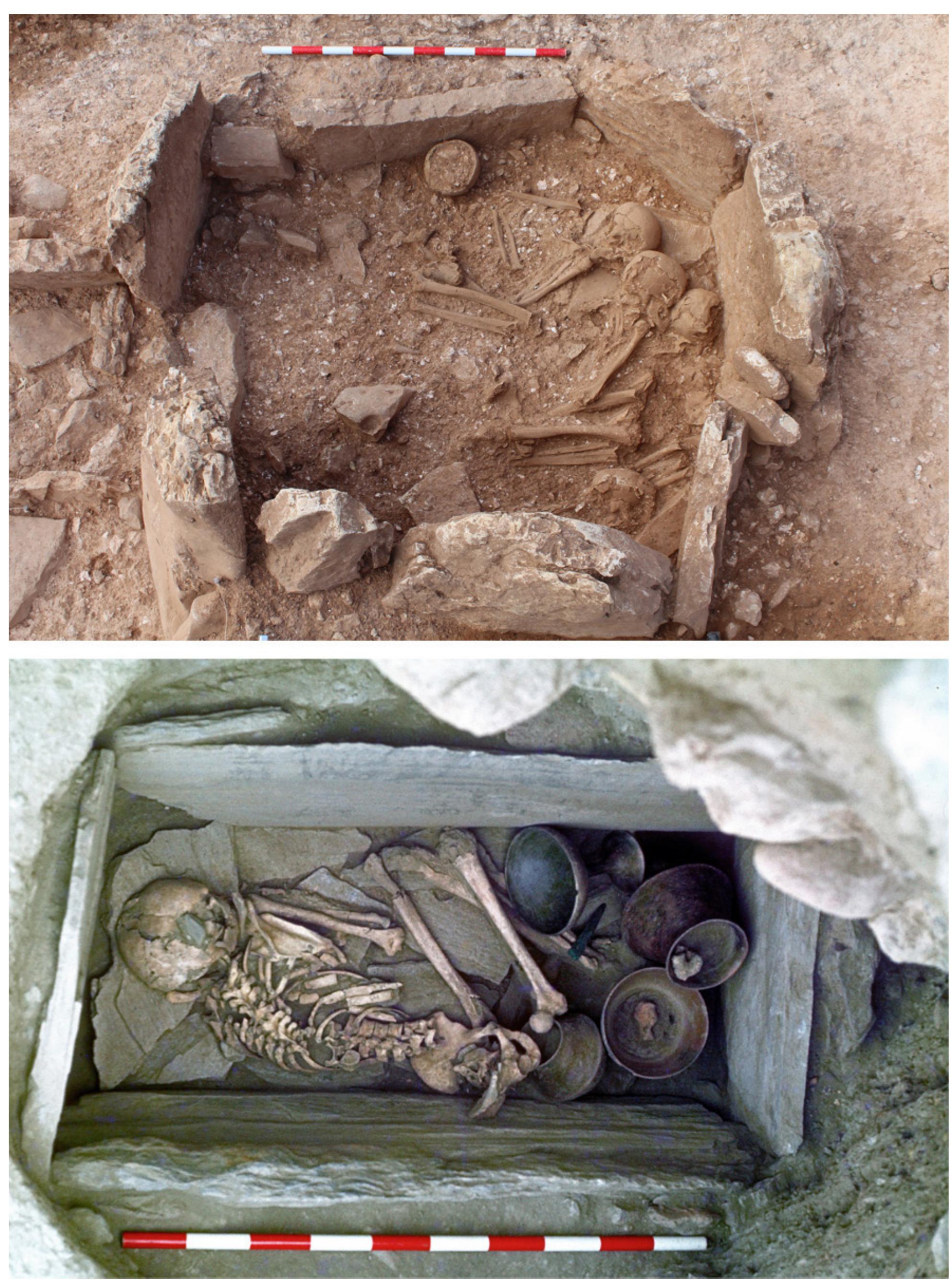 Fig. 3. Mortuary rituals diversity. Tomb 3 from the megalithic necropolis of Panoria (top) and Tomb 9 at the Argaric site of Cerro de la Encina (bottom) (Photographs from the Department of Prehistory at University of Granada). 