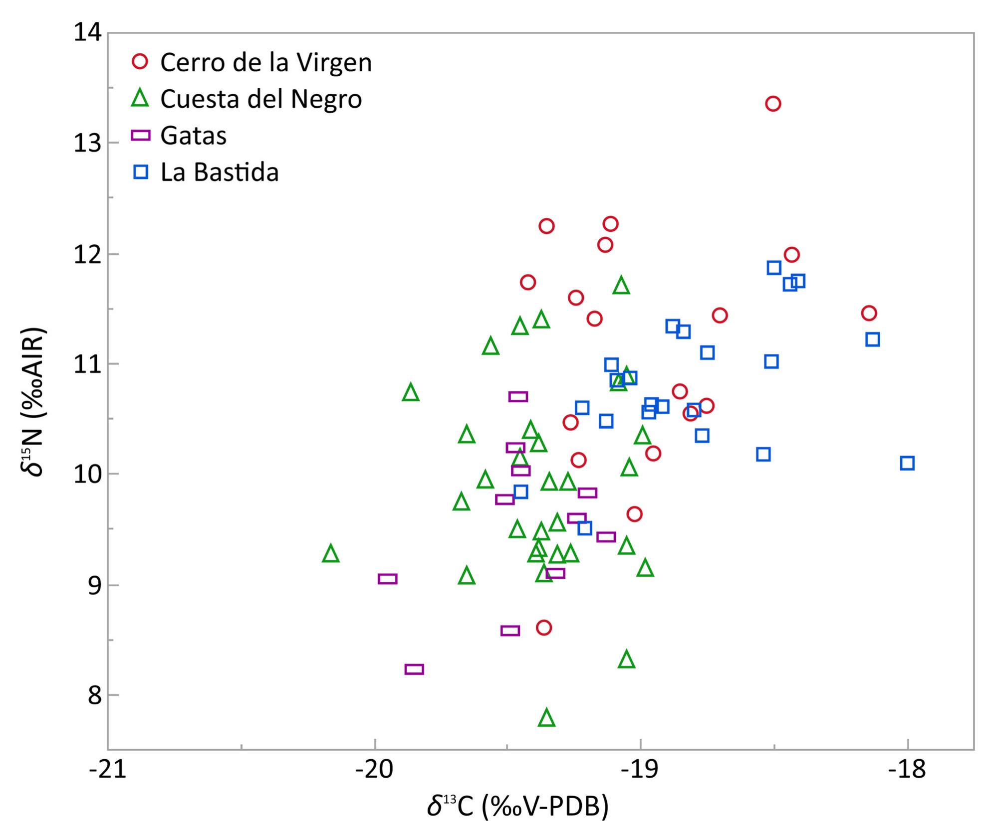 Fig.6. Distribution of carbon and nitrogen isotope compositions from the Argaric populations.  for sites located in the inner regions of southeast- ern Iberia ranged at Cerro de la Virgen (n=18) from -19.4 to -18.1%0 (average -18.9 + 0.3%, 16) and from +8.6 to +13.3%0 (average +11.3 + 1.1%0, 10), and at Cuesta del Negro (n=31) from -20.1 to -18.9%o average 19.3 + 0.2 %o, 10) and +7.7 to +11.7%o0 average +9.9 + 0.9%bo, 10) for 5“C and 5%N respec- tively. In the coastal area of southeastern Iberia, La Bastida (n=22) ranged from 19.4 to -18.0%o average -18.8 + 0.3%0, 10) and +9.5 to +11.8%0 average +10.7 + 0.6%o, 10) and Gatas (n=11) from -19.9 to -19.1%0 (average -19.4 + 0.2%o, 10) and +8.2 to +10.7%o0 (average +9.5 + 0.7%o, 10) for 6°C and 6 N values (fig. 6). The variability in the iso- topic values is probably the main feature of the inter-site comparison. In the case of La Bastida and Gatas, the differential composition has been asso- ciated with different agriculture and husbandry   account, the isotopic values range from -20.1 to -18.0%o (average -19.1 + 0.4%o, 10) for 56°C and from +7.7 to +13.3%0 (average +10.4 + 1.0%0, 10) for 5N. In this case, the removal of the breast- feeding and weaning signals has significantly affected the isotopic averages. In contrast to the previous megalithic population, two main as- pects can be underlined. Firstly, there is an in- crease in the nitrogen isotopic values from an average of +9.8 + 0.9%o for megalithic populations to +10.8 + 1.4%o for the Argaric societies, which means a difference of ~1%o that is statistically significant (Student’s t-test: t=3.06293; p=0.0027). Secondly, the large standard deviation, mainly for 5N (2.8%o), would suggest a higher variability in protein intake among the Argaric peoples.  
