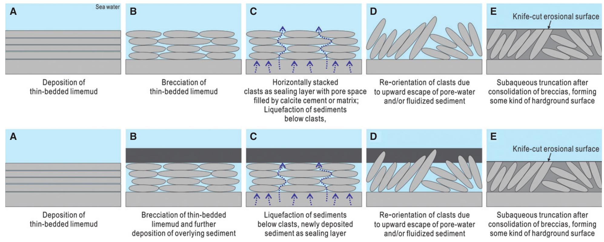 Schematic model of the development of the breccias, at the