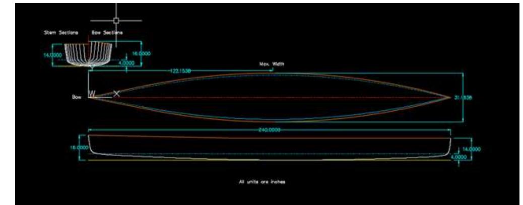 -5: the cad drawings of the canoe in hull design and