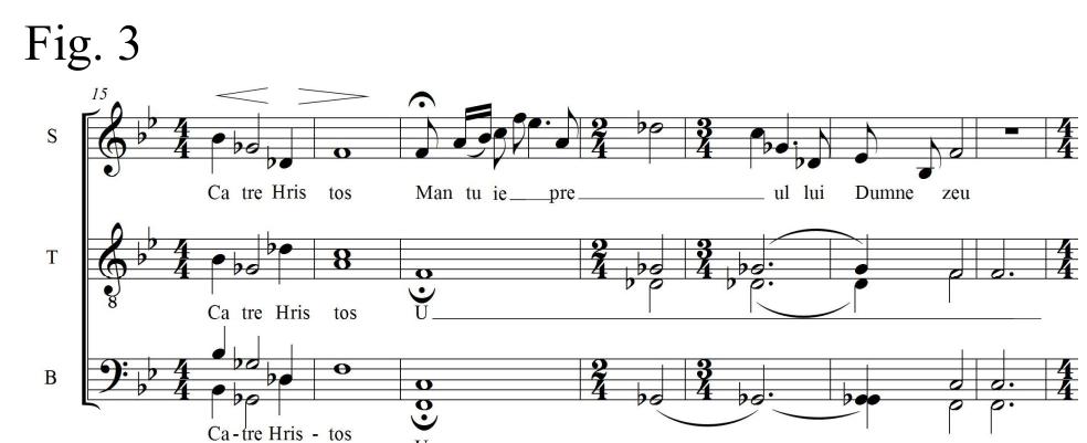 Phrase B concludes through the reunion of the voices and of the soloist in an harmonic isorhythm on the text ’unto Christ” which is repeated (m. 13- 16): 