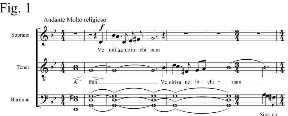 The tenors continue to sing the ison (m. 6-7), while the basses begin the next phrase, B (m. 7-14), with the text And let us fall unto Christ”. From m.8 on up to m. 12, the musical discourse is distributed in turns between the soloist soprano and the two male voice groups in a manner reminiscent of antiphonal singing specific to psaltic music:  harmonically sustained by, or is in a dialogue with, he male voice goups. In terms of form, Come Let Us Worship consists of a sequence of four phrases A, B, C, D); it opens with the answer Amen! (m. | - 2) sustained a on G minor dominant and tonic chords, in the next part, the last chord is sustained by the tenors (m. 2-4) and basses (m. 2-7) as a harmonic pedal. At m. 2 the soloist soprano begins singing on the text "Come let us worship” (phrase A, m. 2-6), on a musical motif starting from D m.2), followed by a major sixth leap, then a diminished second, perfect diminished fifth (dotted quarter note and quaver) and ends with a gradual ascent to G, on a chromatic profile which reminds of the second plagal mode on Pa (D). The motif sung by the soloist is immitated (m. 4-5) by the tenors’ group, with certain variations and in sequence:  