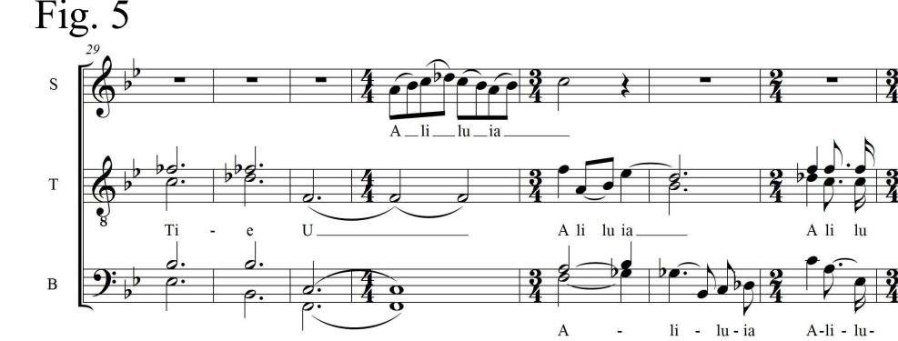In phrase E (m. 27-42) ”to those who sing to You Halleluja!”, the musical discourse moves towards the melodic climax by the male choir, which is chordic, isorhythmic, prolonged on the corona (m. 30): 