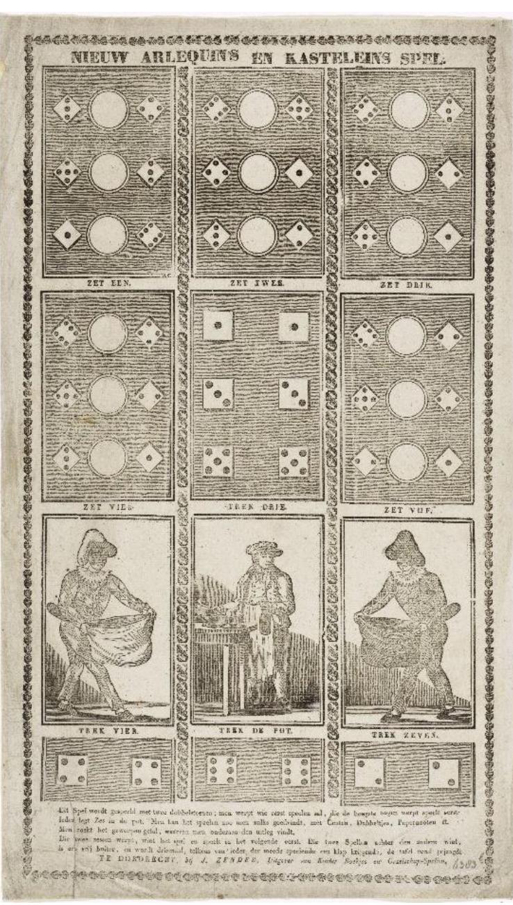 Harlequin’s and Innkeeper’s Game].**  Figure 1. Nieuw Arlequins en Kasteleins Spel, about 1829. Courtesy of the Rijksmuseum. 