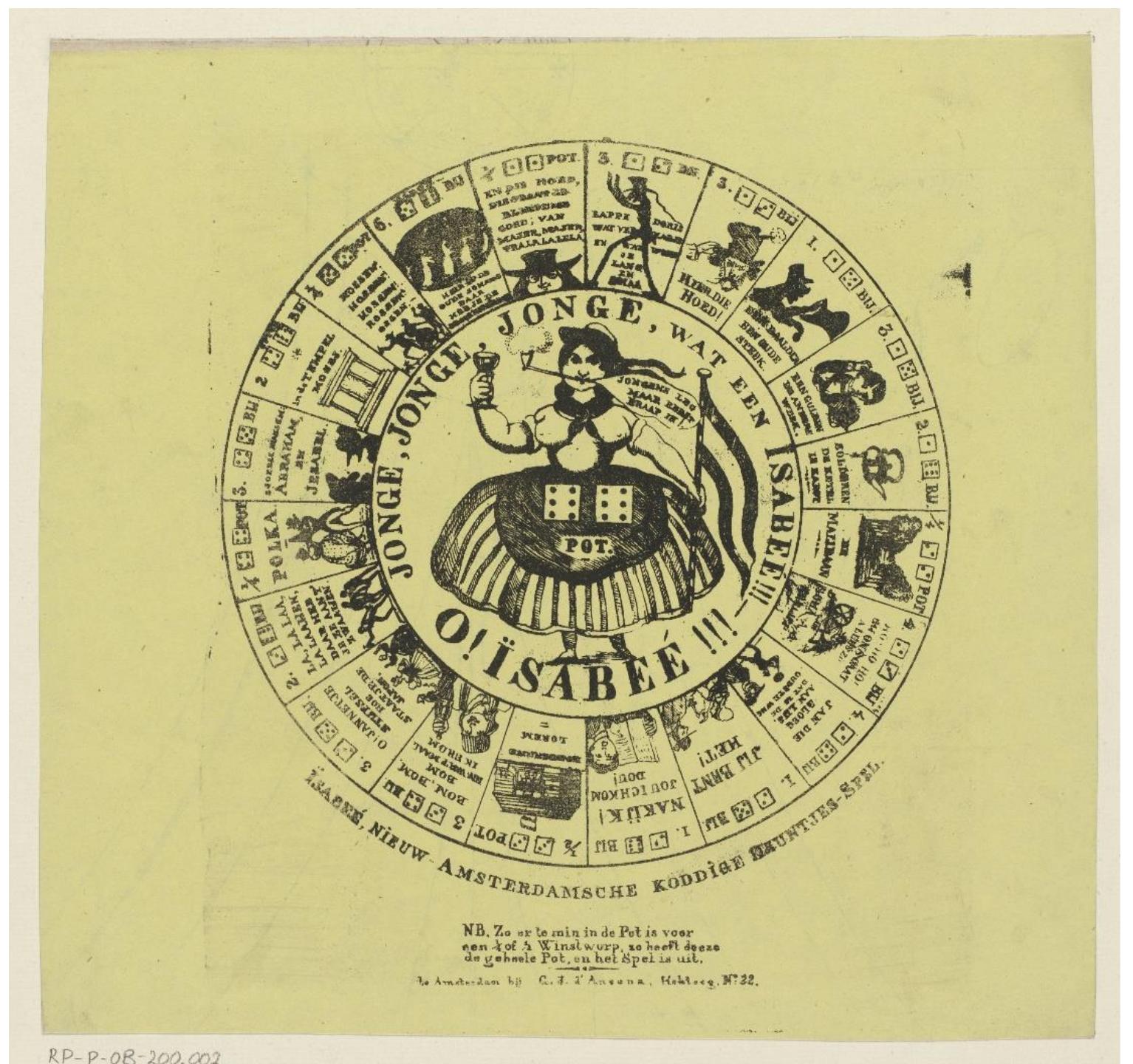 A different adult theme was exemplified by isabeé - Nieuw-Amsterdamsche Koddige Deuntjes-Spel [Isabee - New Amsterdam comical game of tunes, Figure 8].4° Isabeé herself — a vigorous young woman - is portrayed in the centre, with the winning double six throw. She holds a flag while smoking her pipe and toasts everyone with a glass. A popular tune bears  her name.*° Other tunes of the day are represented around her in a circle of 20 combinations.  Figure 8. Isabeé - Nieuw-Amsterdamsche Koddige Deuntjes-Spel, Amsterdam: G J d’Ancona 1840-1850. Courtesy of the Rijksmuseum 
