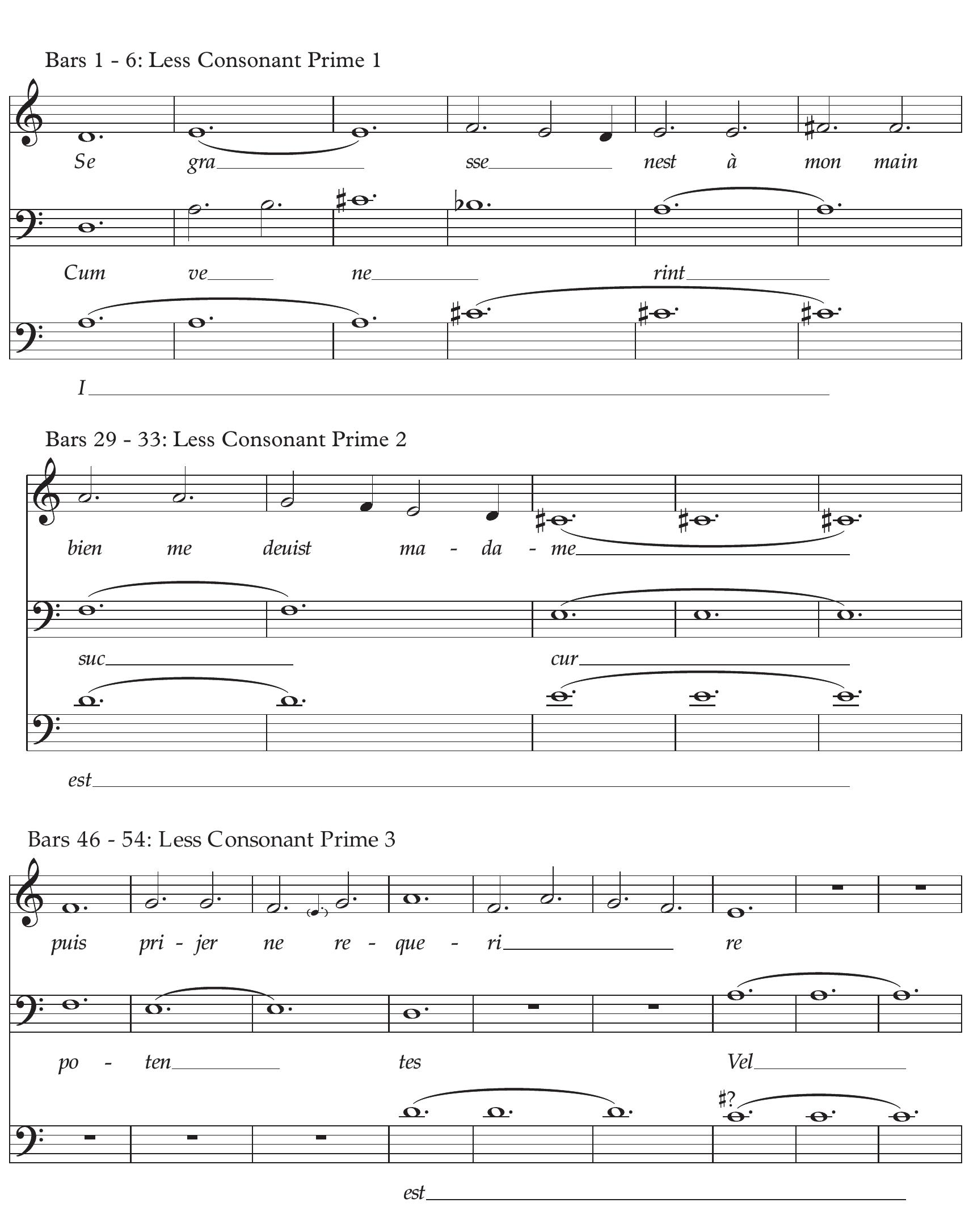 FIGURE 2. The five less consonant musical primes selected from the fourteenth-century motet Se grasse n’est/Cum venerint/Ite missa est.  of sweetness using self-report measures. Self-report is a common paradigm used in music psychology studies, such as music and emotions research, for which the Likert scale is a common form of measurement (Eerola & Vuoskoski, 2013, p. 314). For this reason, this exper- iment used the Likert scale to gauge participants’ judg- ment of the level of sweetness of a musical excerpt. The  sweet from the perspective of the medieval listener affect the reaction times to words that refer to sweet things or have strong semantic associations with sweetness.  A second experiment examined participants’ explicit associations between shorter musical excerpts (dyads, three-note sonorities, and cadences) and the metaphor 