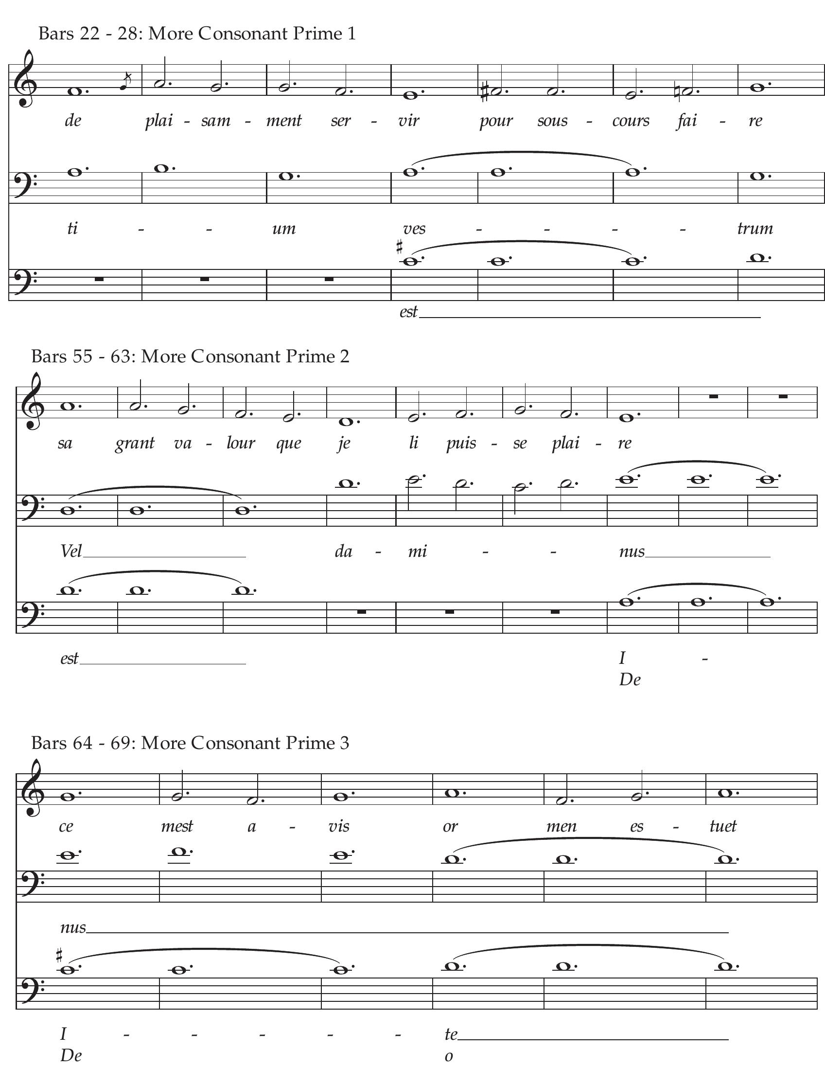 FIGURE 3. The five more consonant musical primes selected from the fourteenth-century motet Se grasse n‘est/Cum venerint/Ite missa est.  which ultimately resolve to consonance, rather than the cadence alone, that contributes most to sweetness. Therefore, it was expected that placing the target word  after the musical prime would be most likely to capture this experience.  the conclusion of the musical prime. This timing of the presentation of the target work was chosen because, according to Boen, it is the whole musical passage which is considered to contribute to the sweetness judgment. That is, it is the interplay between sonorities over time 