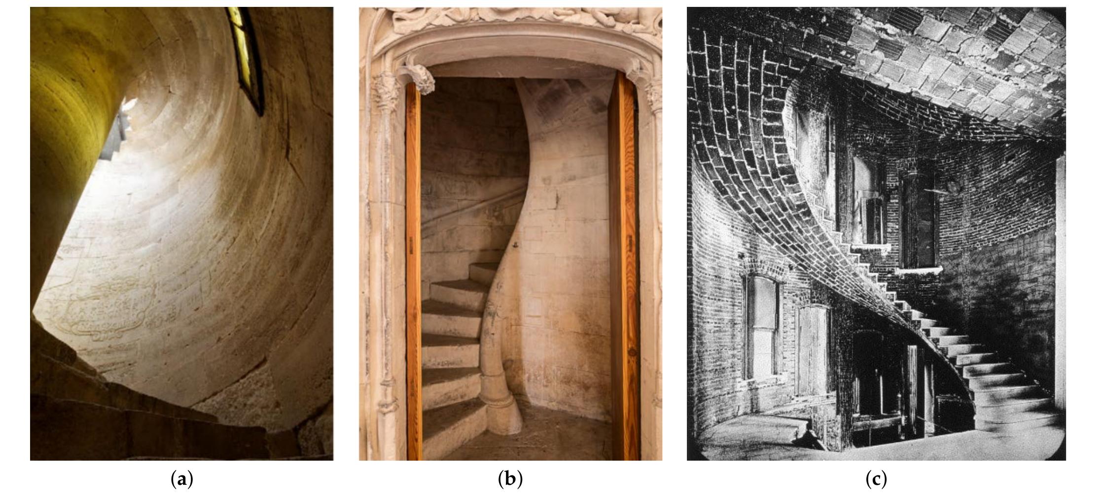 Figure 1. (a) Interior view of the vis de Saint Gilles in Languedoc (France). Notice the inscriptions made by 17th-century stonemasons on the walls of its perimeter box. (b) The spiral staircase of the northwest tower of the Lonja of Palma de Mallorca (Spain). (c) Guastavino helicoidal tile stair in the First National Bank of Peterson, New York City, ca.1890 (Guastavino archive, Columbia University) .  connect buildings vertically and horizontally. These horizontal and vertical connections, skillfully placed into the buttresses, supports and corners of the structures, were uniquely Gothic innovations. In the second half of the 15th century a group of stairs appeared (see Figure 1b) in the Mediterranean area, whose central buttresses ascended creating a radial molding allowing light to pass through this central cavity.  made by 17th-century stonemasons on the walls of its perimeter box. (b) The spiral staircase of the 