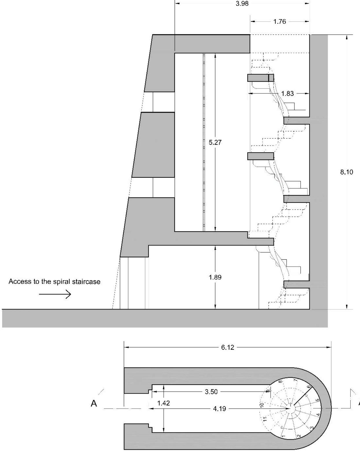 Figure 4. Spiral staircase in the tower of Nisida: plan and section (Unit: m). Survey and drawings by the authors.  Figures 4 and 5 show the geometry of the spiral staircase; Table 1 summarizes its main geometric parameters with respect to the drawings of Figure 5. 