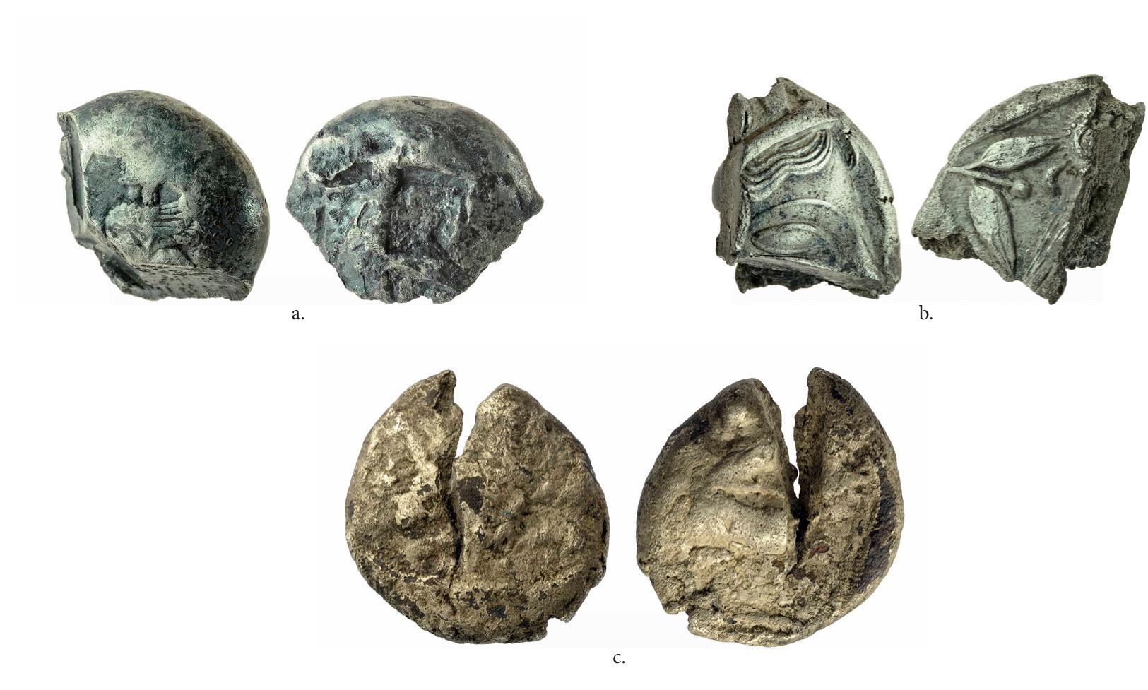 Fig. 2. Other Archaic coins from Khirbet Qeiyafa (scale 2:1). a. A stater/didrachm of Chios, dating from the beginning of the 5th century (5.18 g, 15.5 mm; Israel Antiquities Authority, no. 153926). b. A quarter of an Athenian tetradrachm of the mid-5th century (3.51 g, ca 20 mm; Israel Antiquities Authority, no. 153927). c. A drachm of Samos of the late 5th or early 4th century (3.45 g, 15x16 mm; Israel Antiquities Authority, no. 153928). 