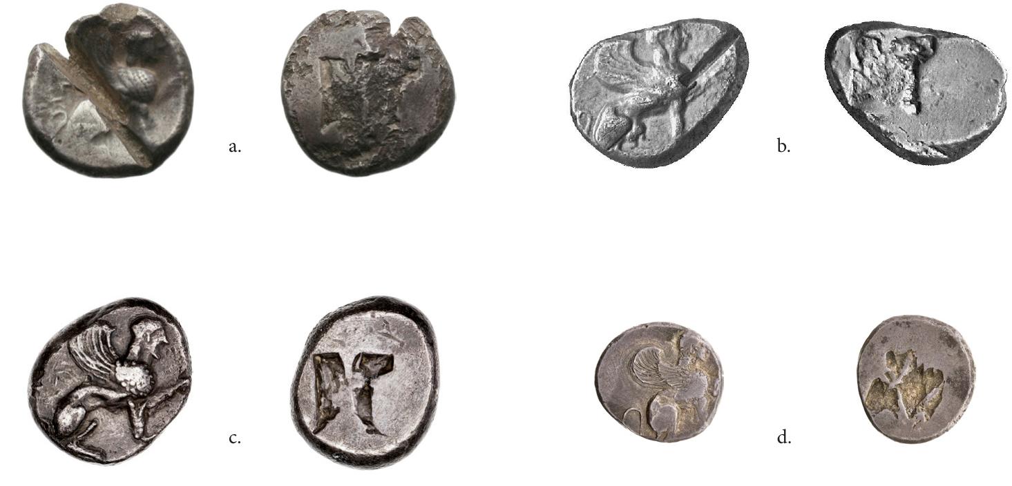 Fig. 4. Sigloi and thirds of sigloi from Idalion (scale 1:1). a. Oxford, the Ashmolean Museum, no. 11729, silver siglos (10.83 g, 22 mm) from the Fayum Hoard. b. Numismatic Lanz Miinchen, Auction 106, November 27, 2001, no. 167. Silver siglos (11.05 g, 20 mm) from the Asyut Hoard (no. 777). c. ANS, no. 1944.100.57996 from the E.T. Newell Collection. Siglos (10.94 g, 19 mm). d. ANS, no. 1944.100.57997 from the E.T. Newell Collection. Silver third of a siglos (3.60 g, 16 mm).  Fluorescence Spectrometry (XRF) analysis of the coin revealed that it is made of tin bronze and coated with silver,” with no traces of Au or Pb, which usually appear in archaic coins.” 