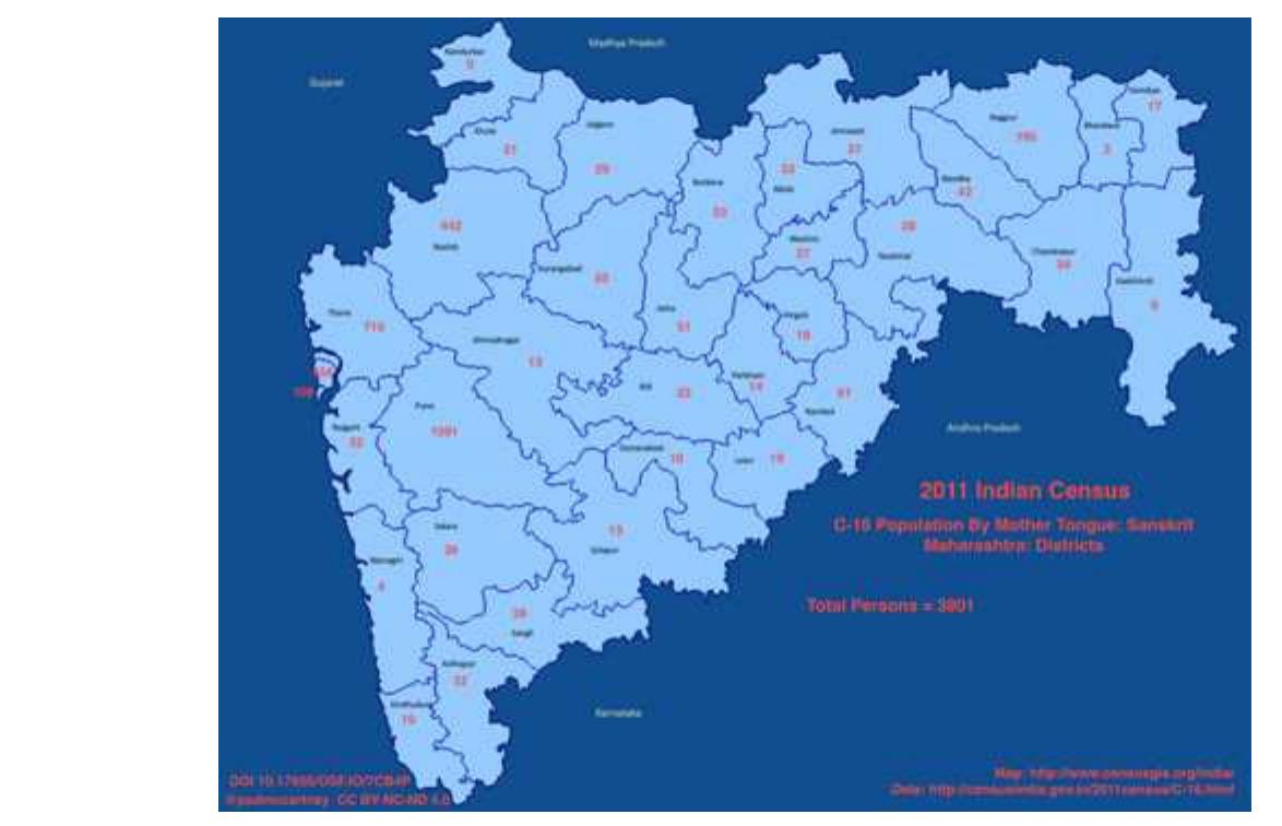Figure 2 2011 Maharashtra: Districts L1-Sanskrit. (India 2020)  This demonstrates that the L1-SOL_L2 L3 cluster with Hindi English is a predictor for the relative number of L2 and L3 Sanskrit speakers. This is consistent across every national and state-level enumeration. If we reverse the order (right panel) and begin with L1-Sanskrit, the numbers for L2_L3 also follow a similar order, with the State Offi- cial Language (SOL), Hindi, and English in superior positions com- pared to other possibilities. 