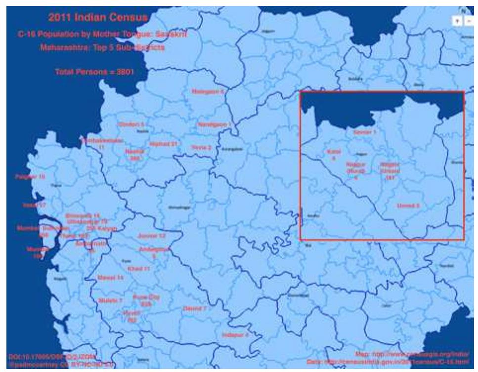 Figure 3 2011 Maharashtra: Sub-districts L1-Sanskrit. (India 2020)  Figure 2 demonstrates the 2011 District-level L1-Sanskrit figures for Maharashtra [fig. 2]. The top five districts are Pune 1091, Thane 710, Mumbai Suburban 555, Nashik 442, and Nagpur 195.  Figure 3 zooms down to the sub-district level to show the top five districts in more detail [fig. 3]. Notice how Nagpur District has been superimposed in the red box. Next, we move onto the state of Bihar. 