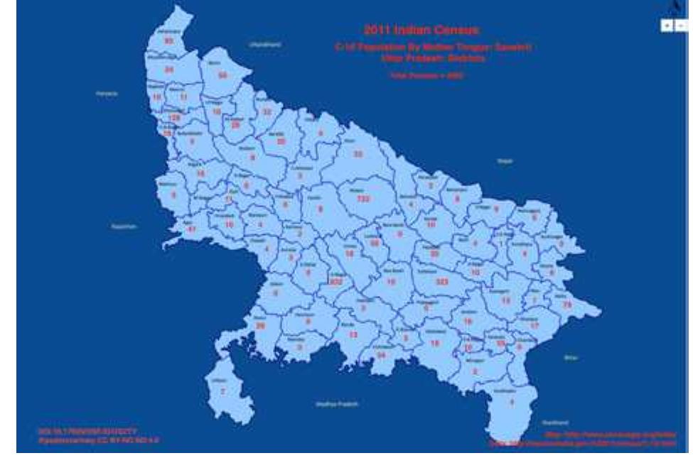Figure8 2011 Uttar Pradesh: Districts L1-Sanskrit. (India 2020)  Uttar Pradesh is India’s most populous state with 199,581,477 people (Office of the Registrar General 2020). While Uttar Pradesh experi- enced a 57% decrease in L1-Sanskrit tokens, in comparison, the total nationwide increase for L1-Sanskrit is 76% (Government of Office of the Registrar General 2020). What has caused Uttar Pradesh to de- crease when other states witnessed large increases? Three districts are worthy of closer scrutiny because of how they changed dramat- ically between 2001 and 2011. The state capital, Lucknow, reduced by -82%, while Unnao reduced by -95%, and Gorakhpur, the elector- ate of UP’s Chief Minister, Yogi Adityanath, decreased by -99% (Of- fice of the Registrar General 2020). The top ten districts are Kanpur Nagar 932, Sitapur 722, Sultanpur 323, Ghaziabad 128, Saharanpur 85, Ballia 79, Lucknow 55, Varanasi 55, Bijnor 50, and Agra 41 (Of- fice of the Registrar General 2020); figure 8 provides the total Per- son numbers for each district [fig. 8].  