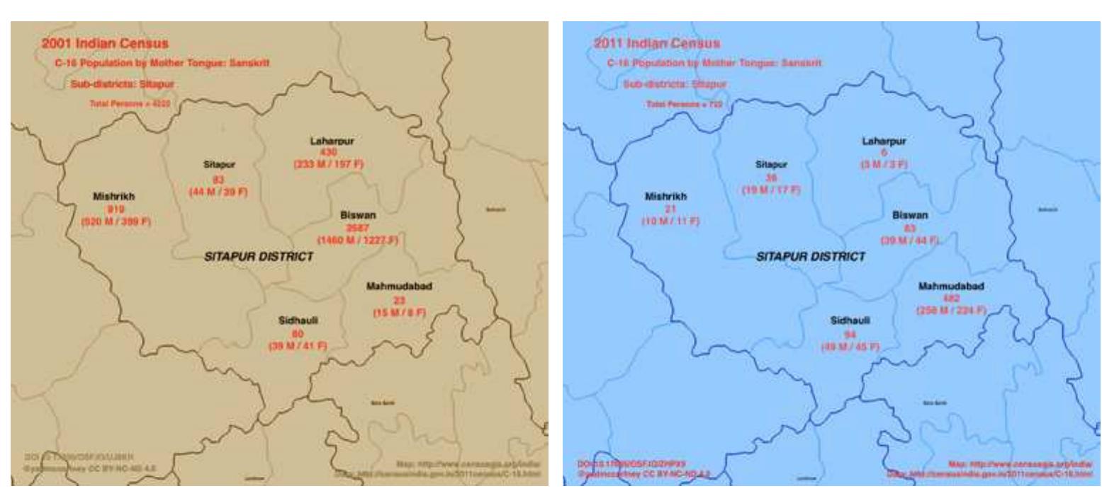 Figure 10 2001 and 2011 Sitapur District: Sub-districts L1-Sanskrit. (India 2020)  ‘Sanskrit-Speaking’ Villages, Faith-Based Development and the Indian Census 