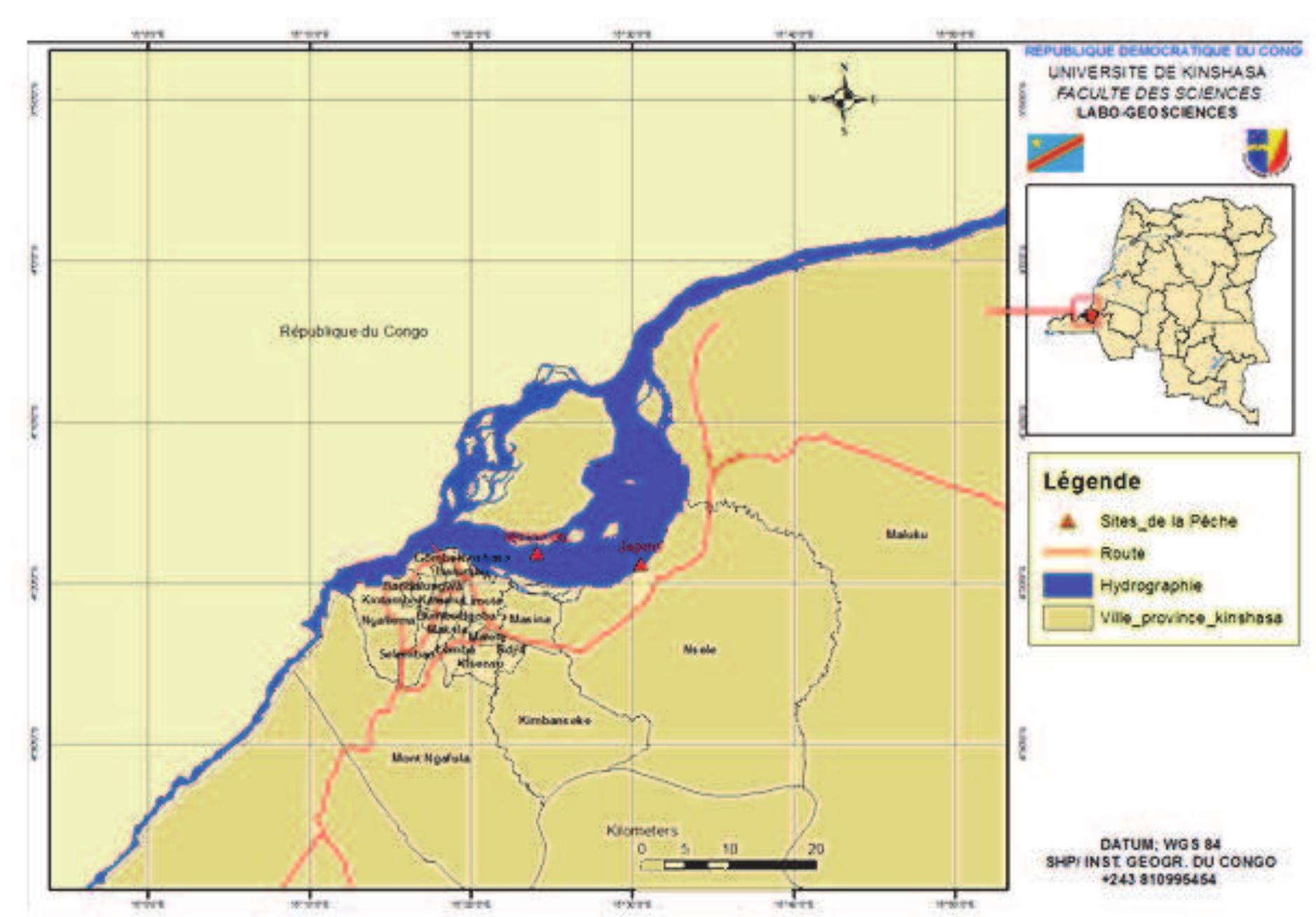Figure 1. Map of the Malebo Pool (Congo River) showing the fishing sites at the Kinkole station 