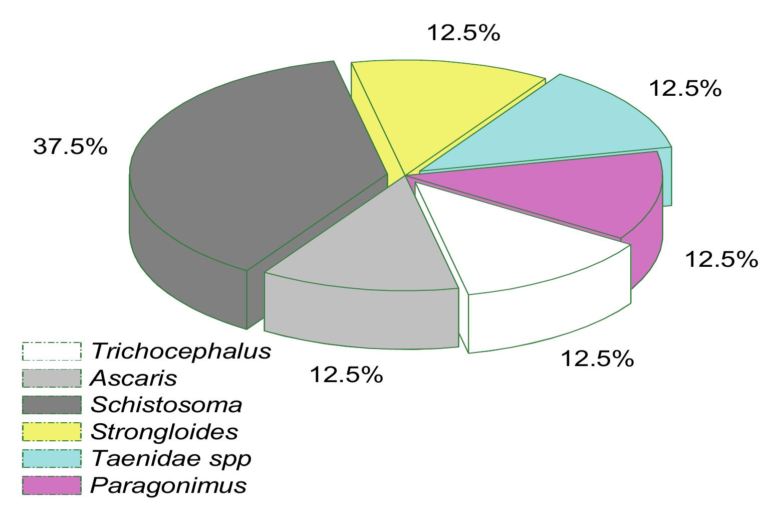 Figure 3. Relative abundance of the genera of parasites identified in the digestive tract of fish Oreochromis niloticus  Of all the genera of endoparasites identified in the digestive tract of fish Oreochromis niloticus, those of the genus Schistosoma are in the majority (with 37.5%) and those of the genera Ascaris, Strongloides, Taenia spp anc Pragonimus are in the minority (representing 12.5% respectively) (figure 3). 