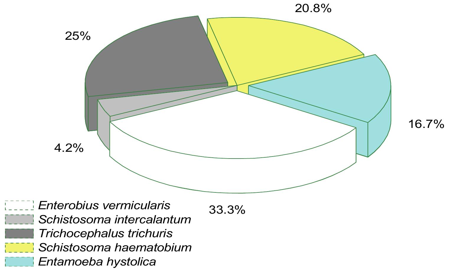 Figure 7. Relative abundance of species of parasites identified in the stomach contents of fish Tilapia tholloni  In the digestive tract of Tilapia tholloni fish, Enterobius vermicularis is the most common species (33.3%), followed by Trichocephalus trichuris (25%), Schistosoma haematobium (20.8%), Entamoeba hystolica (16.7%) and Schistosoma intercalantum (4.2%) (figure 7). 