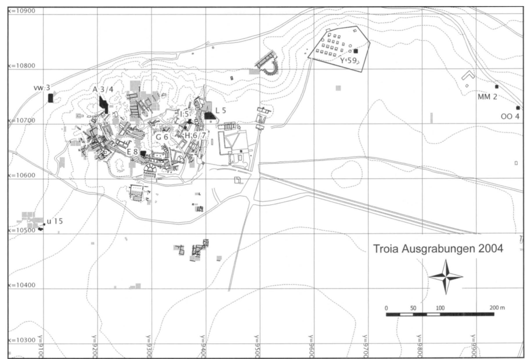 Fig. 7. Plan of Troy, showing areas of excavation in 2004 (drawing by P. Jablonka). 