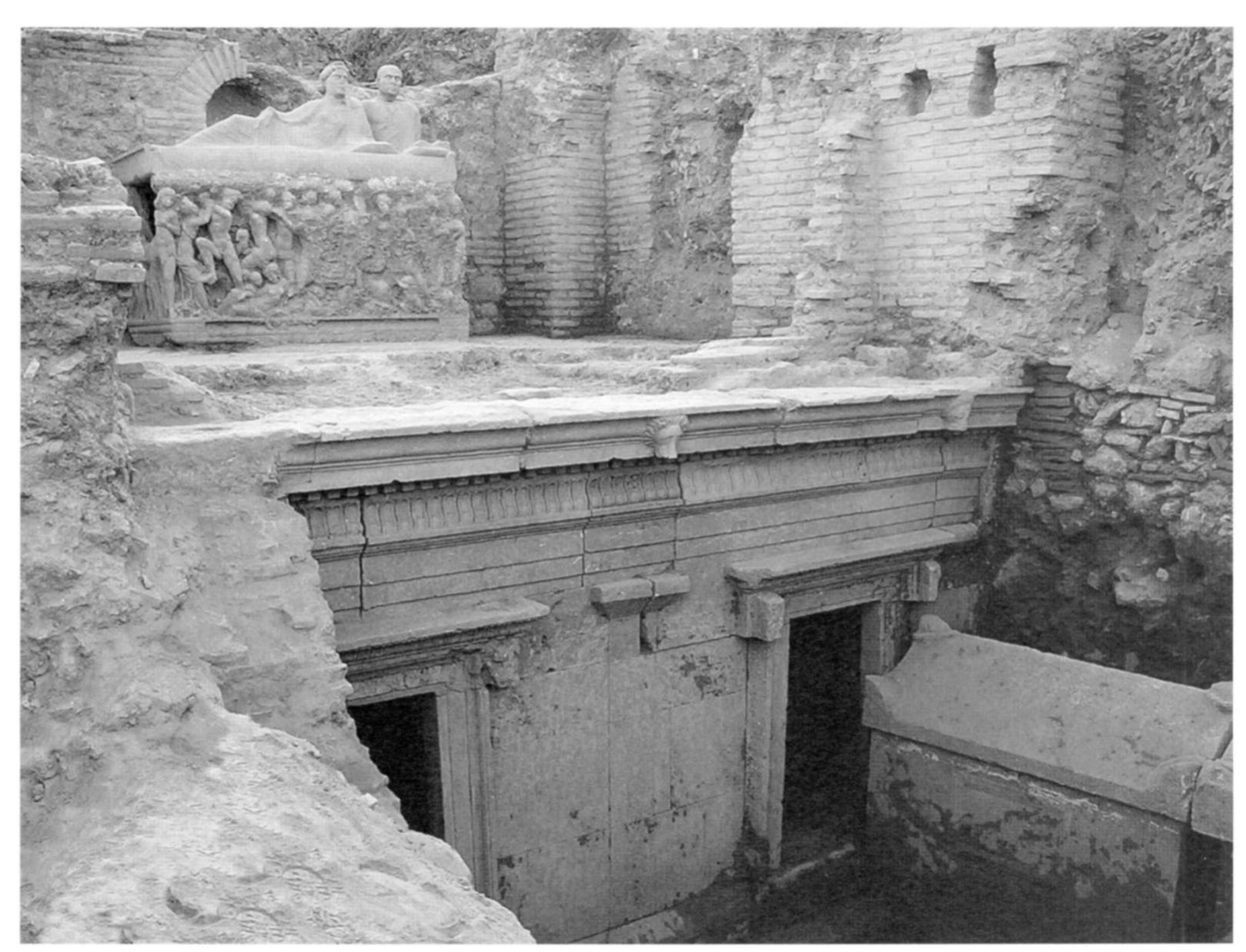 Fig. 14. Exterior of Tomb M9 of the West Necropolis at Perge, showing sarcophagi in situ (H. Abbasoglu). 