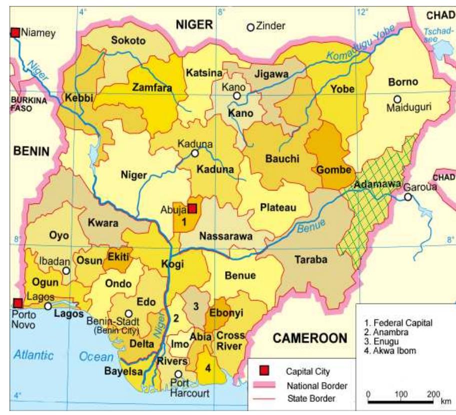 Fig. 1: Map of Nigeria Showing Adamawa State  population and household data was obtained from the National Population Commission (NPC). In questionnaire administration, stratified random sampling was used because of large population. 50 respondents were selected at random from each of the 11 wards of Jimeta, making a total of 550  questionnaires. Out of this number, 510 questionnaires were returned.  11 wards of Jimeta, making a total of 550  respondents were selected at random from each of the 
