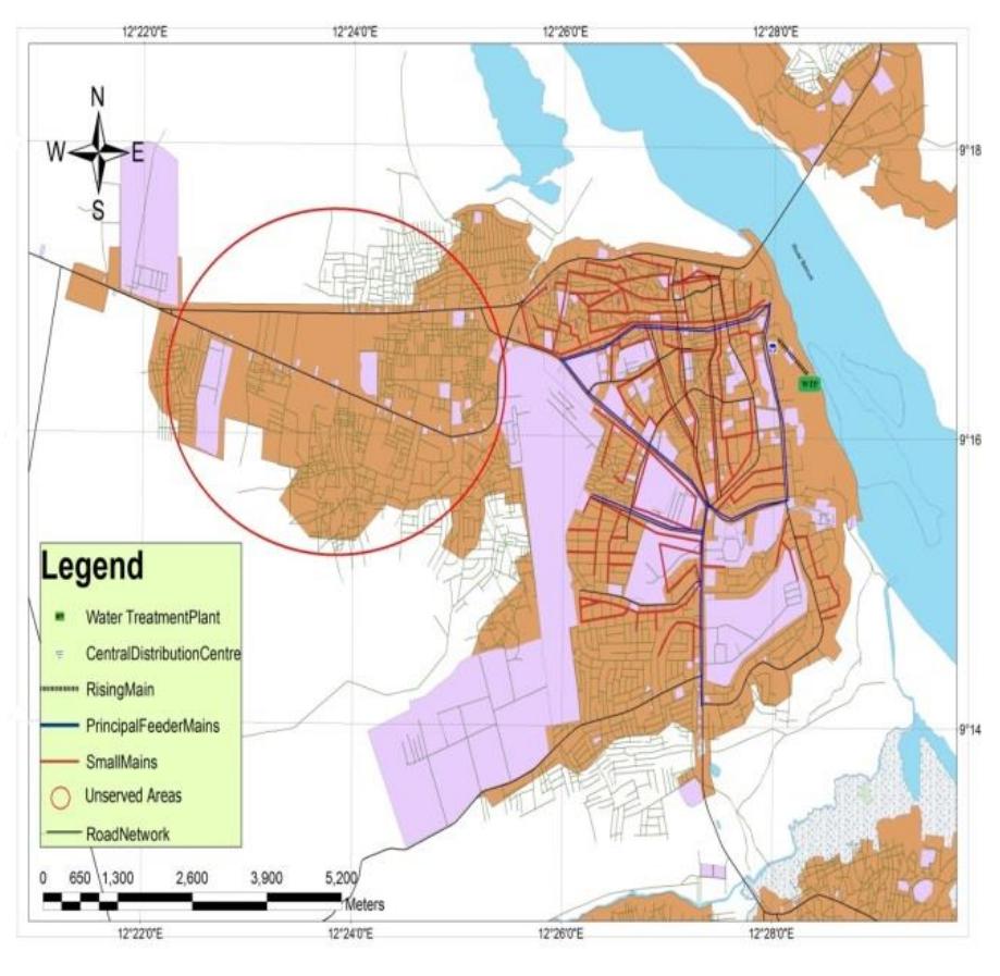 Figure 5: Jimeta existing water distribution network (Source: Generated using ArcGIS 10.1)  Source: National Population Commission (NPC), Nigeria.  Table 2 below shows the daily water demand for the 