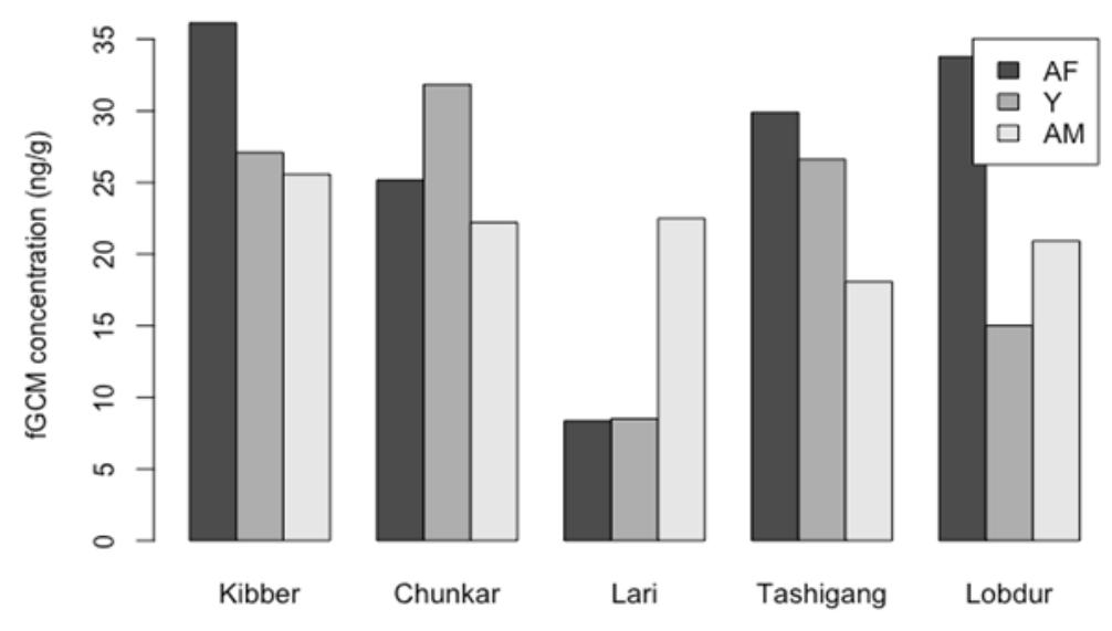 Figure 4. {GCM concentrations among age-sex classes of blue sheep populations in the five study areas 