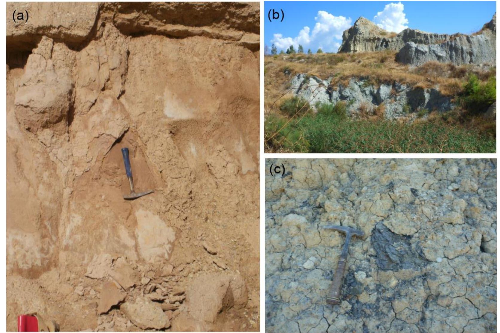 “igure 2 Outcrop of Pleistocene deposits in Trapeza village of Achaea in Greece; (b) and (c) Pliocene marly-clay deposits of a yellowish to white and a light grey to blueish color, which occasionally bear ample lignite beds in Solomos village of Corinth in Greece (Xanthopoulou, 2019).  Primary or residual clays are those deposits re- maining in more or less the same location as the par- ent rock from which they came from. Since the alter- ation and decomposition of the parent rock (depend- ing on the composition) is not always complete, re- sidual clays usually contain coarse, unaltered and angular fragments of the parent material. The inclu-  Secondary or transported clays are found in de- posits or beds some distance from the parent rock, having been moved by streams, tides, waves, ero- sion, glaciation, wind or other forces (Fig. 2a; b and c). Secondary clays are more abundant than primary, more homogeneous and finer, as a result of sorting and redeposition. Depending on the conditions and the transport, secondary clays may be subdivided into marine clays, fluvial clays, lacustrine clays, vol- canic clays, aeolian clays and glacial clays. 