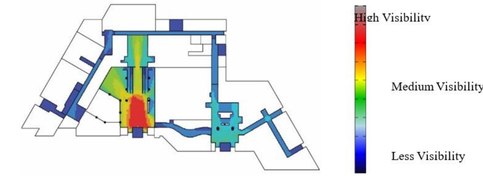 Fig 4. Visibility Analysis of Actual Configuration (Researchers)  n  The values generated from Depth map X are measured by d-value [meant to represent the fact that axial map graphs grow] (Hillier, & Hanson, 2009). To have a comparable system and make the measurements clearly defined we had to apply the principle of normalisation since each analysis produced a different range of values. All the d values are turned into percentages to uniform the quantities.  