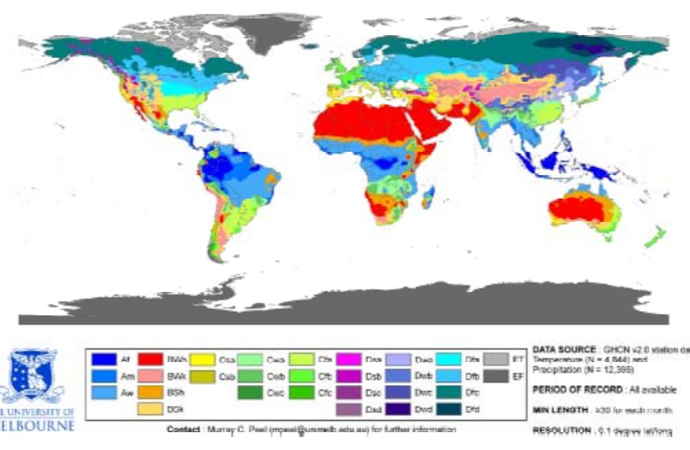 World map of climate classification according to
