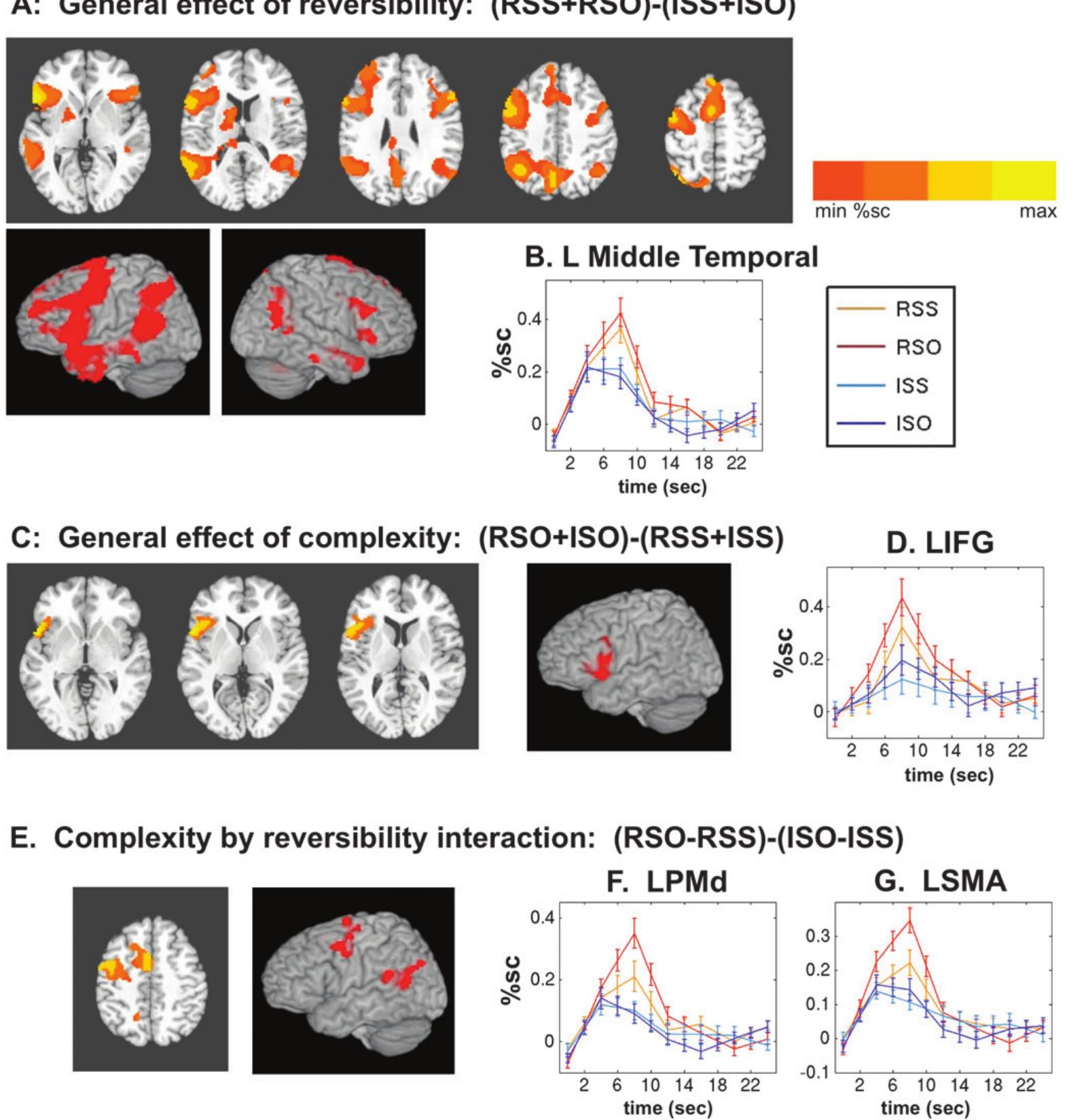 Figure 3. Effects of grammatical structure on auditory sentence comprehension. (A) General effect of reversible versus irreversible sentences. Axial slices at Talairach z = 2, 14, 26, 38, and 50. The left side of the image is the left side of the brain. (B) Response to auditory sentence events in left middle temporal cortex (Talairach —55, —52, +11), an area showing an effect of reversibility but not complexity. (C) General effect of complexity, object-embedded versus subject-embedded, regardless of reversibility. Axial slices at z = 0, 5, and 10. (D) Time course in LIFG, showing effect of complexity (Talairach —46, 12, 12). (E) Complexity by reversibility interaction: Object-embedded minus subject-embedded sentence effects, in reversible versus irreversible sentences. This contrast reveals areas activated for grammatical structure within reversible sentences but not within irreversible sentences. Axial slice at z = 43. (F) Time courses of the response to auditory sentences in left dorsal premotor cortex (Talairach coordinates —44,—2, +45). (G): Time courses of the response to auditory sentences in the supplementary motor area (Talairach —7, +2, +50). 