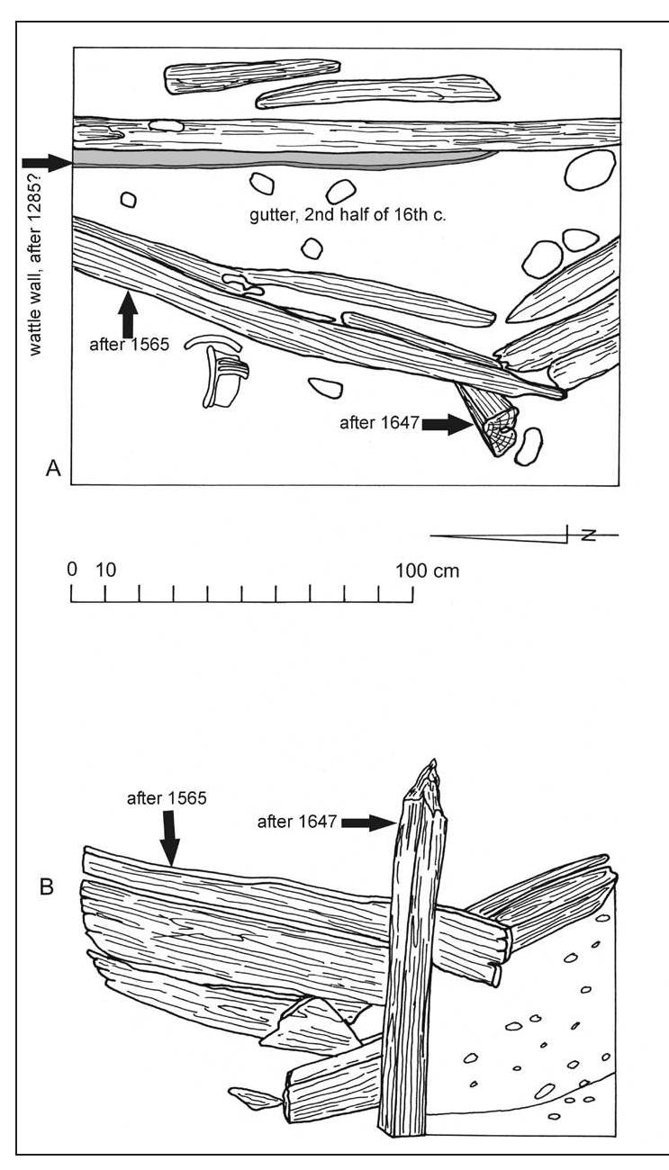 Fig. 2. Krakow, Stare Miasto (Old Town), Jagiel-  lonian University’s Ogrod Profesorski, trench 1/07,  art A. Drainage ditch from mid-16" century; places 
