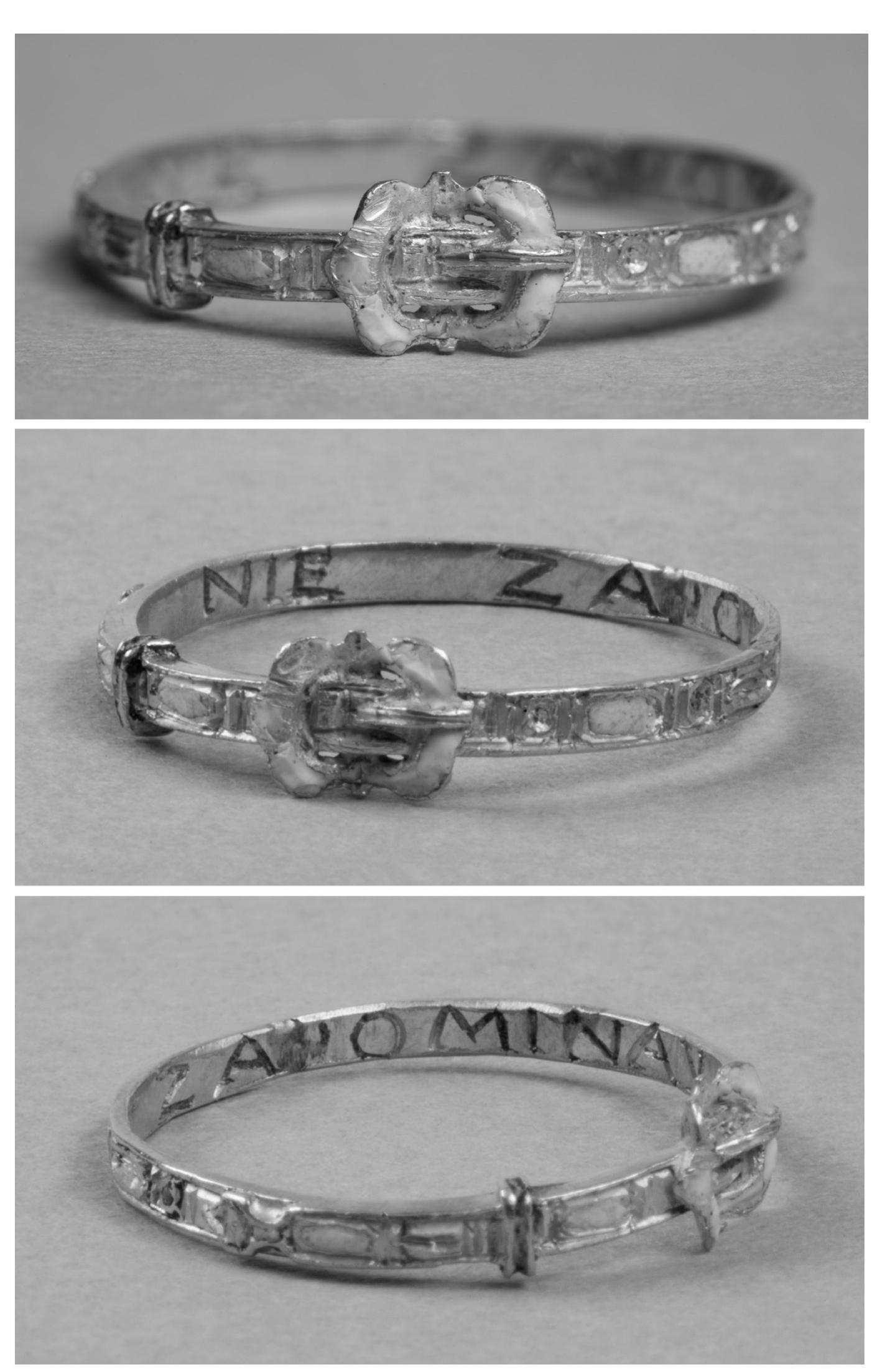 Fig. 16. Krakow, Stare Miasto (Old Town), Jagiellonian University’s Ogréd Profesorski, trench 1/07. Golden en- gagement ring with inscription “NIE ZAPOMINAY” (“do not forget” in old—Polish). 17" century (photo G. Zygier)  Dariusz Niemiec, Przemystaw Nocunh, Kajetan Nowak, Agata Sztyber, Michat Wojenka   Fig. 16. Krakow, Stare Miasto (Old Town), Jagiellonian University’s Ogréd Profesorski, trench 1/07. Golden en- 