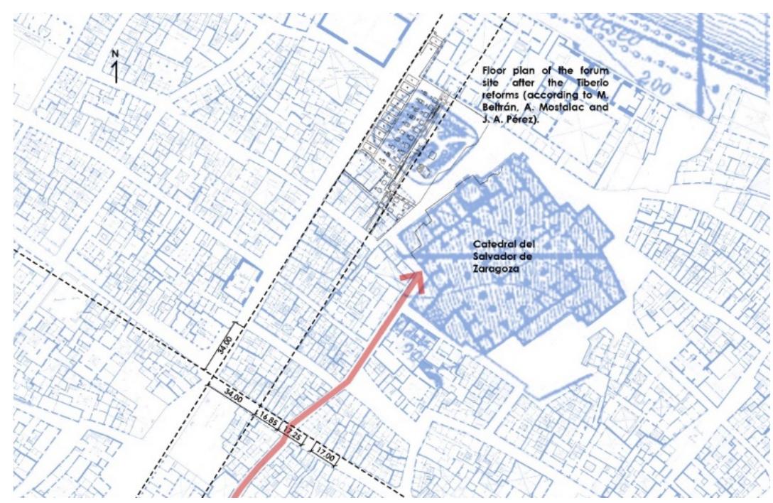 construction of two more Roman domus in the same direction (Figure 4).  ong side perpendicular to the decumanus, while the width of the block (31 meters) allows for th  Jomus. The north-south length of the block (34 meters) allows the construction of a Roman domus with < 