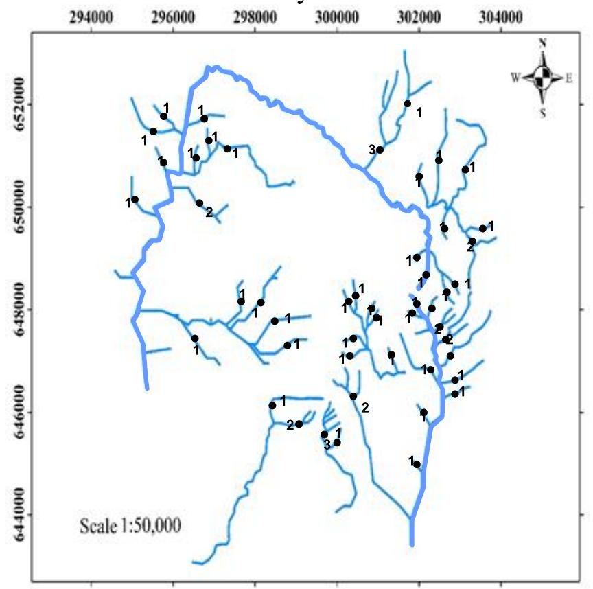 Stream order and sediment samples distribution map