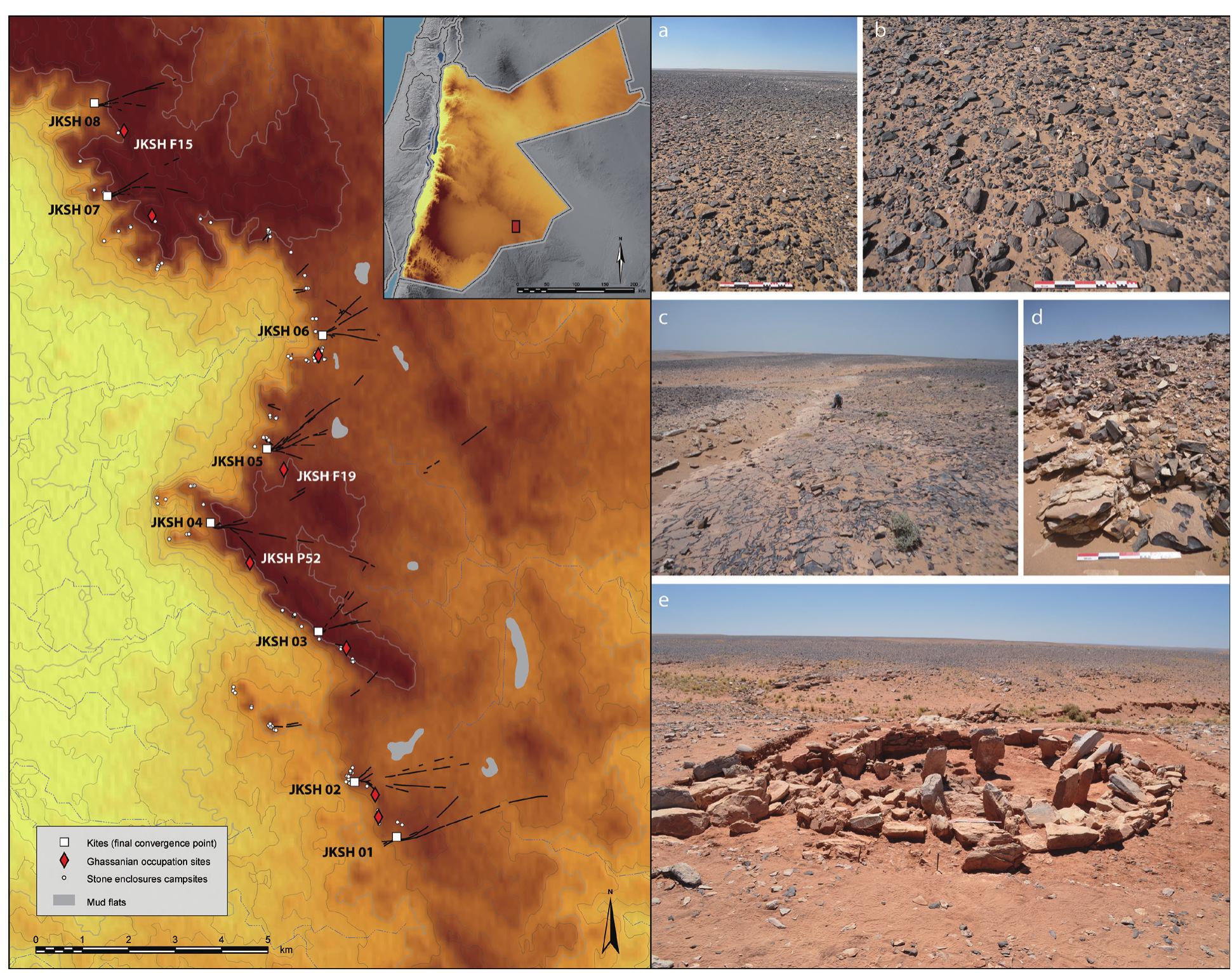 Fig. 1. Map showing the location of Jibal al-Khashabiyeh in south-eastern Jordan, desert kites and associated Ghassaniar occupation sites. Photographs showing the landscape and sites on the right; a and b: desert pavement covered with chert; c and d: chert outcrop in a wadi bed close to JKSH F15 site; e: JKSH F19 site after excavation. 