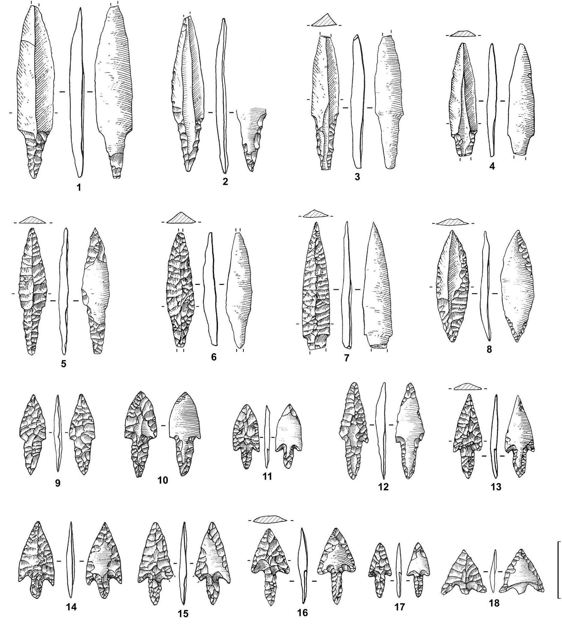 Fig. 5. Arrowheads from Jibal al-Khashabiyeh lithic assemblages. 1-8: elongated on blade with retouched tang (close tc Byblos and Amuqg types); 9-18: barbed and tanged (close to ha-Parsa and Nizzanim types). 