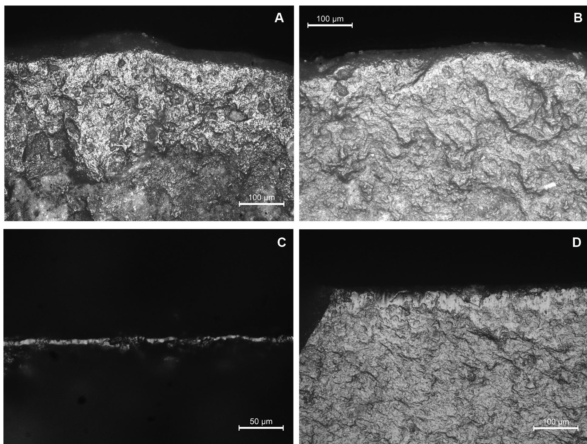 Fig. 6. Use-wear analysis on Jibal al-Khashabiyeh lithic assemblages. A and B: use-wear traces of dry hide scraping on two convex end scraper arcs; C: Use-wear traces of bone scraping on a burin facet (x400); D: use-wear traces of plant scraping on the lateral edge of a perforator (x200). 