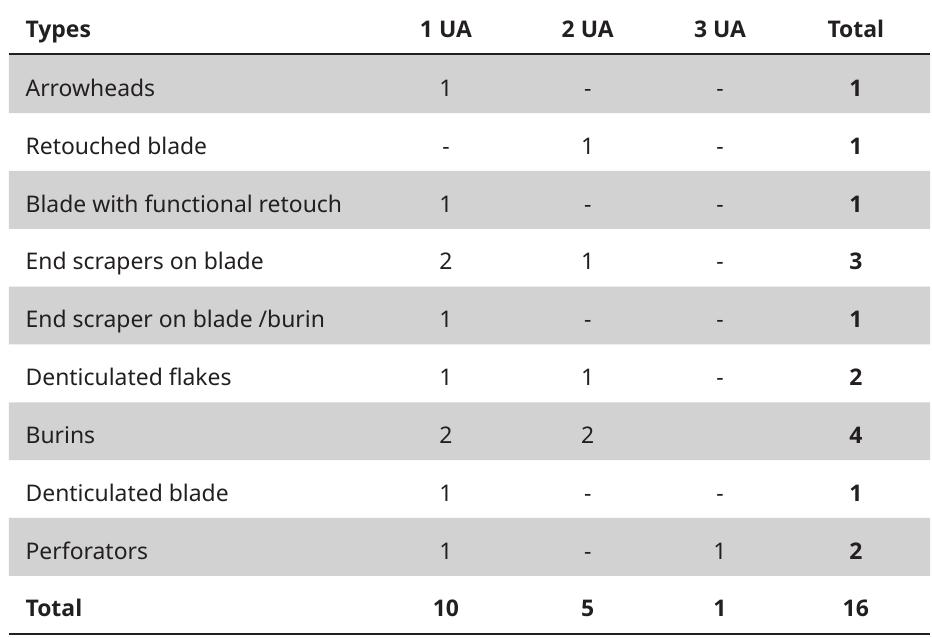 Table 1. Distribution of the used areas (UA) according to tool type. 