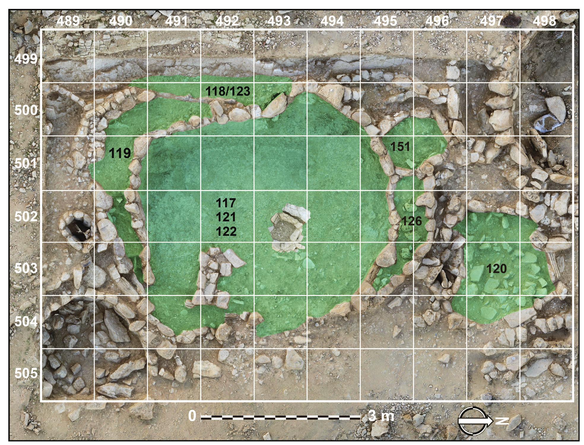 ig. 3. Orthophoto of Unit 2 at the end of the 2018 season, showing the different loci included in the present study. 